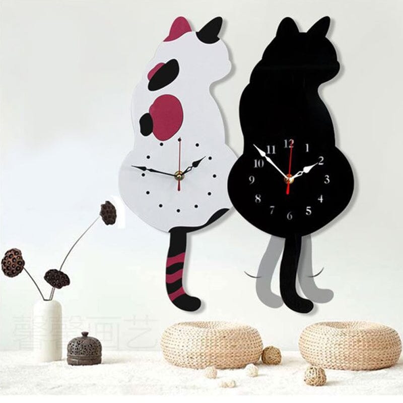 Cat Wall Clock Wagging Tail Acrylic 16.5 x 7 Inch Set of 3 3