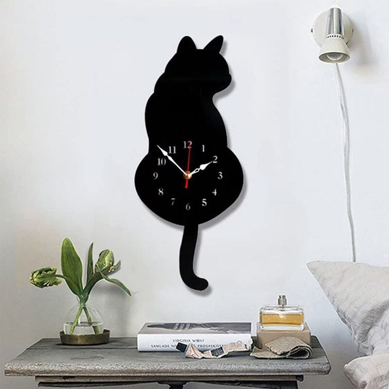 Cat Wall Clock Wagging Tail Acrylic 16.5 x 7 Inch Set of 3 4