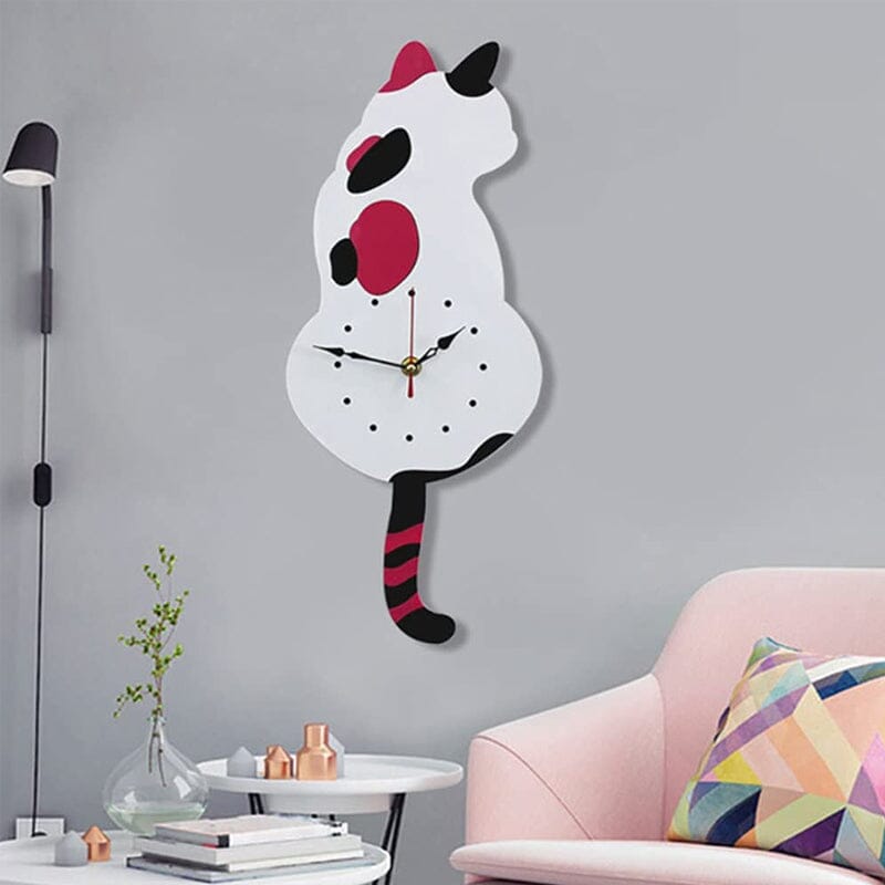 Cat Wall Clock Wagging Tail Acrylic 16.5 x 7 Inch Set of 3 5