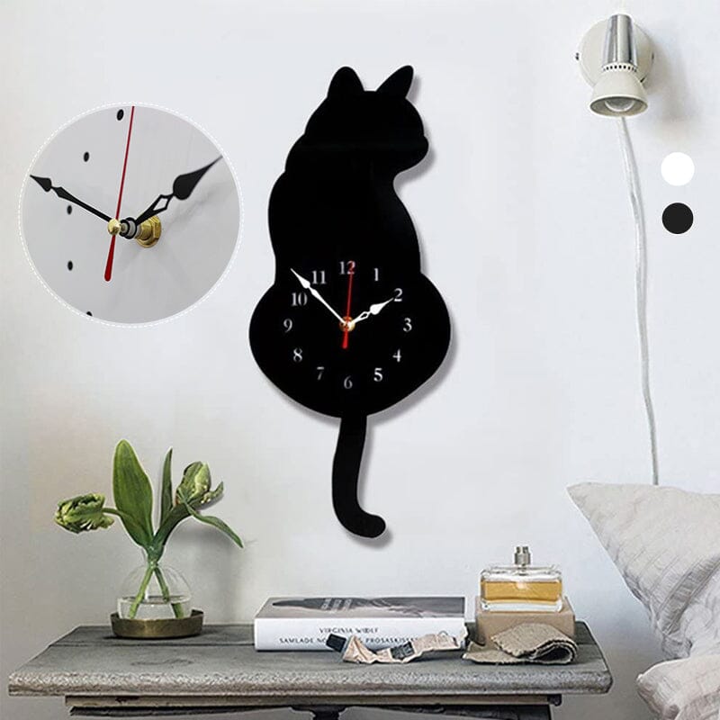 Cat Wall Clock Wagging Tail Acrylic 16.5 x 7 Inch Set of 3 6
