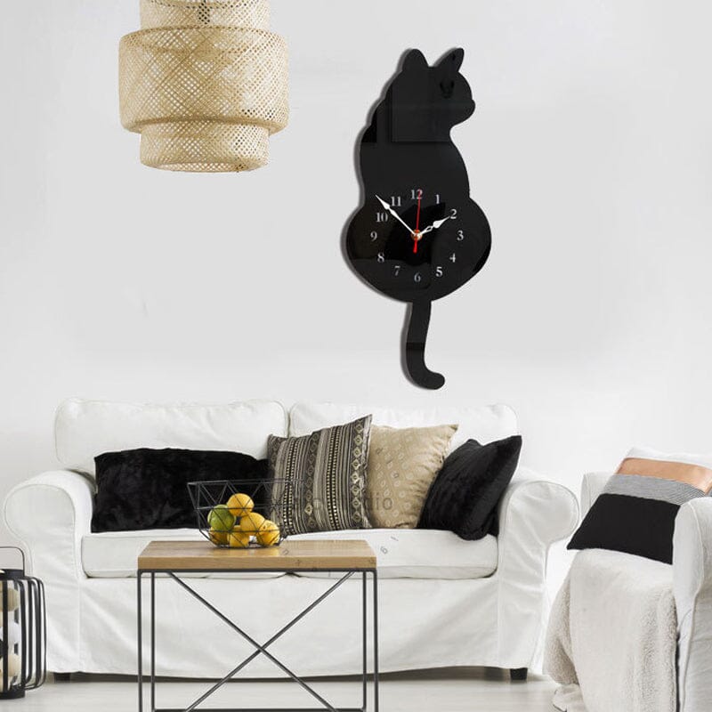 Cat Wall Clock Wagging Tail Acrylic 16.5 x 7 Inch Set of 3 Black 1