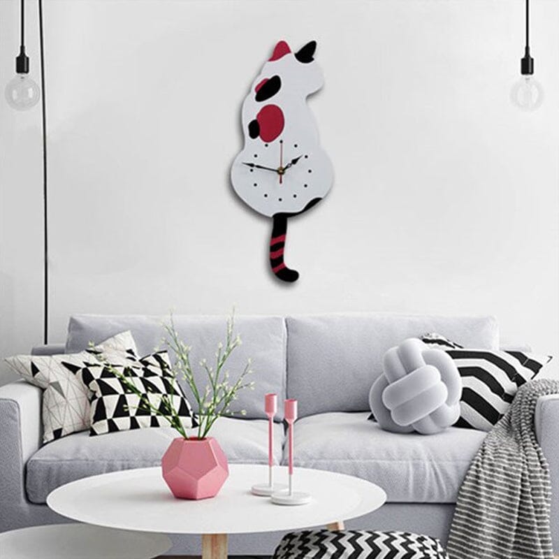 Cat Wall Clock Wagging Tail Acrylic 16.5 x 7 Inch Set of 3 White 1