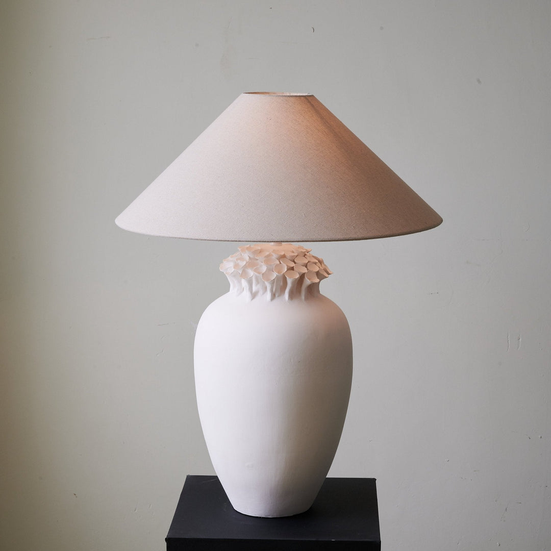 Ceramic Table Lamp Floral Petal Crest Linen Shade 29.5 in Set of 3 2