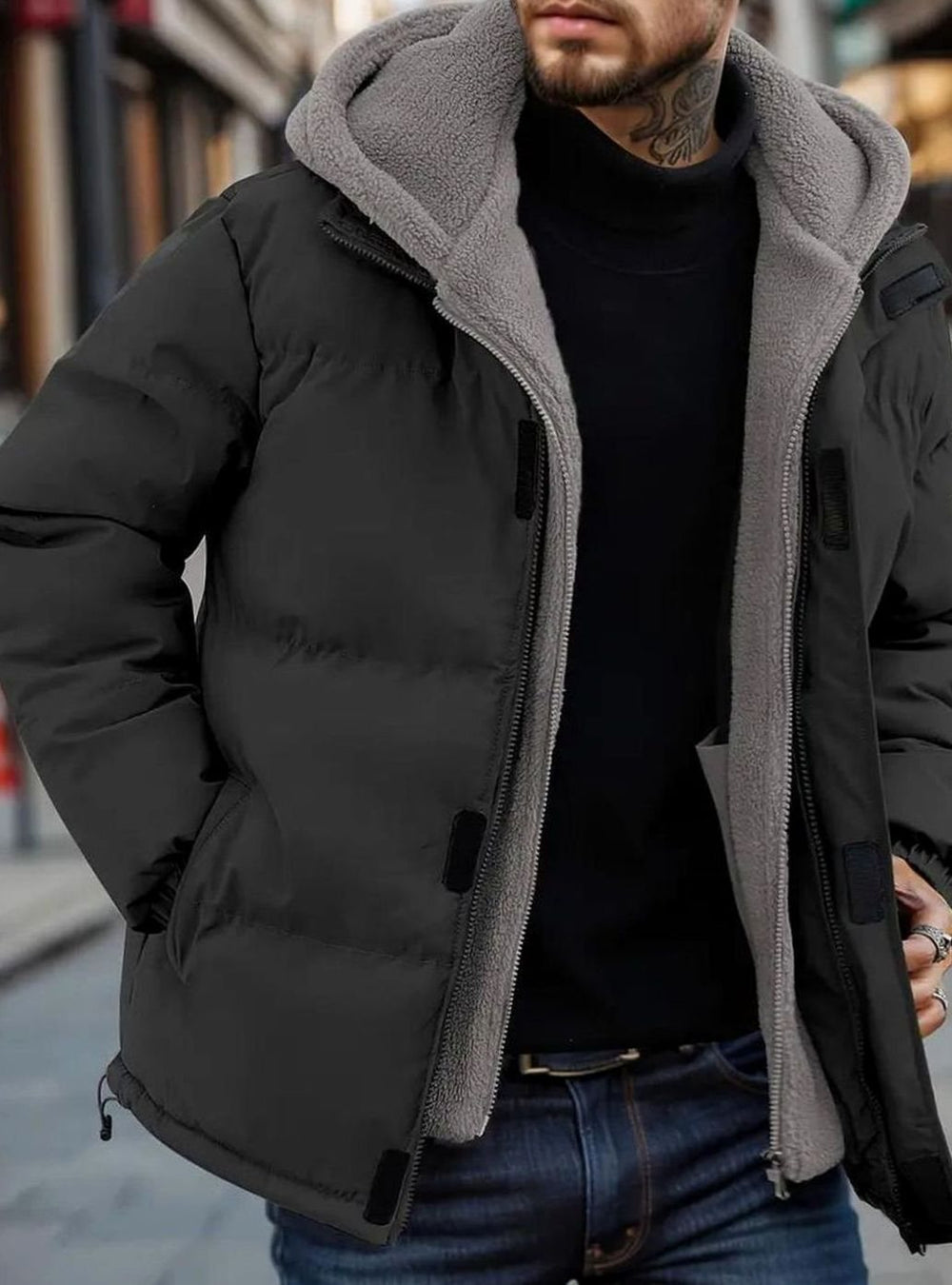 Channel Quilted Puffer Jacket with Fleece Lined Hood Black 1