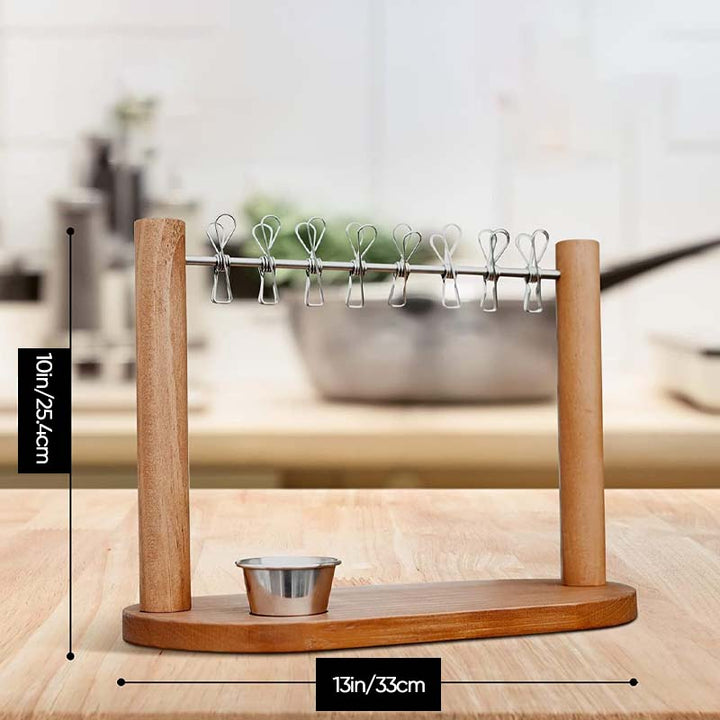 Charcuterie Hanging Rack with Wooden Base and 8 Clips 1