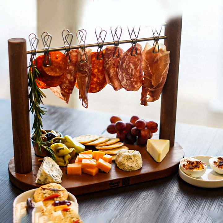 Charcuterie Hanging Rack with Wooden Base and 8 Clips 2