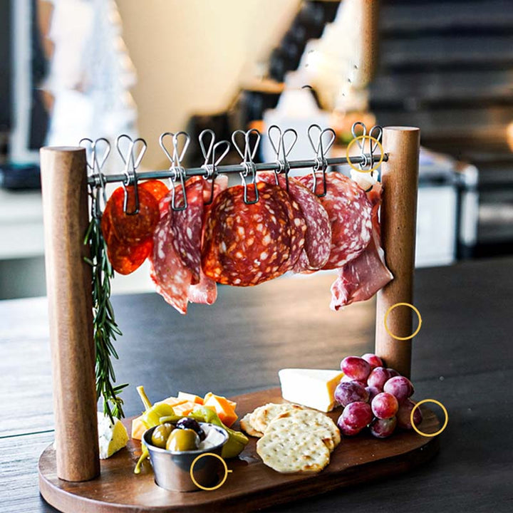 Charcuterie Hanging Rack with Wooden Base and 8 Clips 4