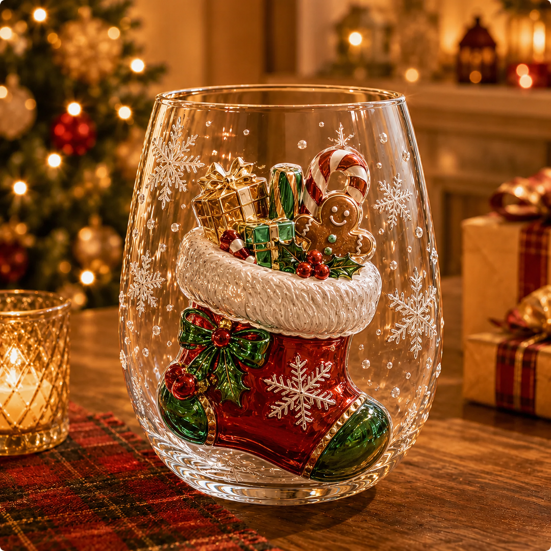 Christmas Glass Cup Stemless 4.7 inch Set of 3 Christmas Stocking 1