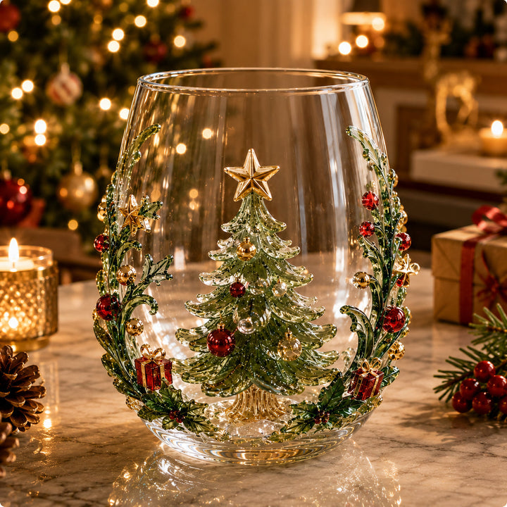 Christmas Glass Cup Stemless 4.7 inch Set of 3 Christmas Tree 1