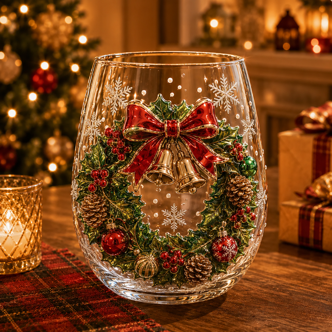 Christmas Glass Cup Stemless 4.7 inch Set of 3 Holiday Wreath 1