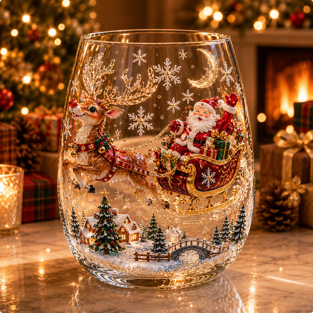 Christmas Glass Cup Stemless 4.7 inch Set of 3 Reindeer Sleigh 1