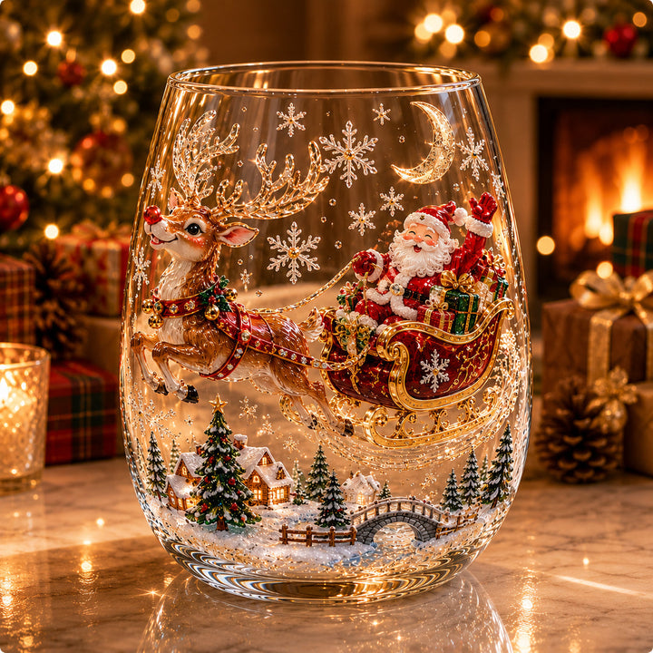 Christmas Glass Cup Stemless 4.7 inch Set of 3 Reindeer Sleigh 1