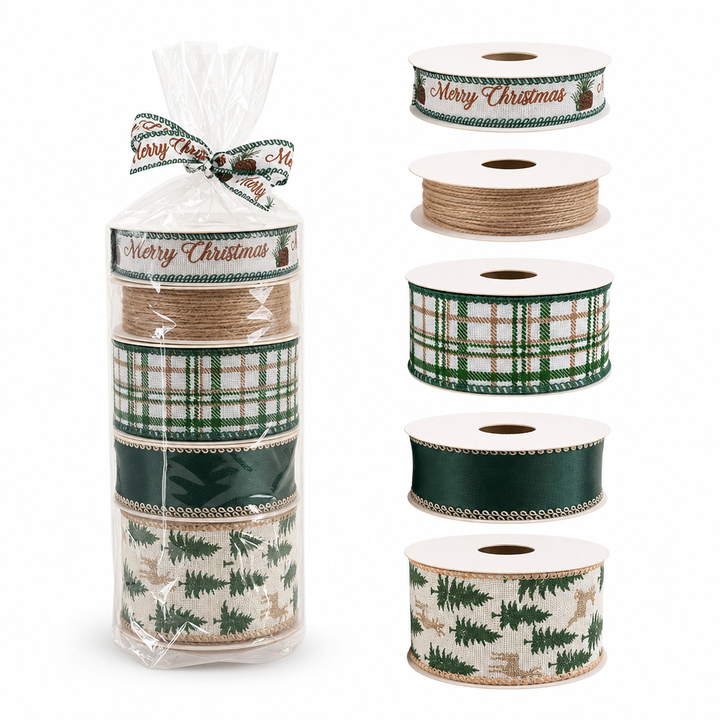 Christmas Ribbon Set of 5 Rolls Green and Plaid Green Set of 5 Rolls 1