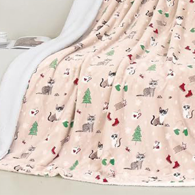 Christmas Throw Blanket Flannel Printed with Plush Back Cats 1