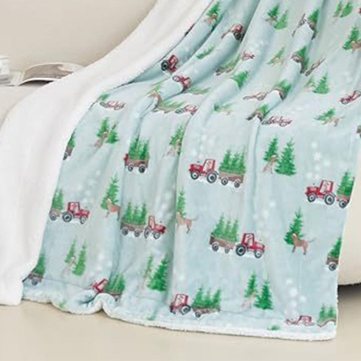 Christmas Throw Blanket Flannel Printed with Plush Back Green Trees 1