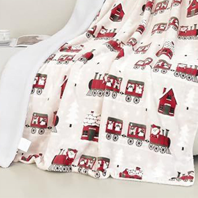 Christmas Throw Blanket Flannel Printed with Plush Back Train 1