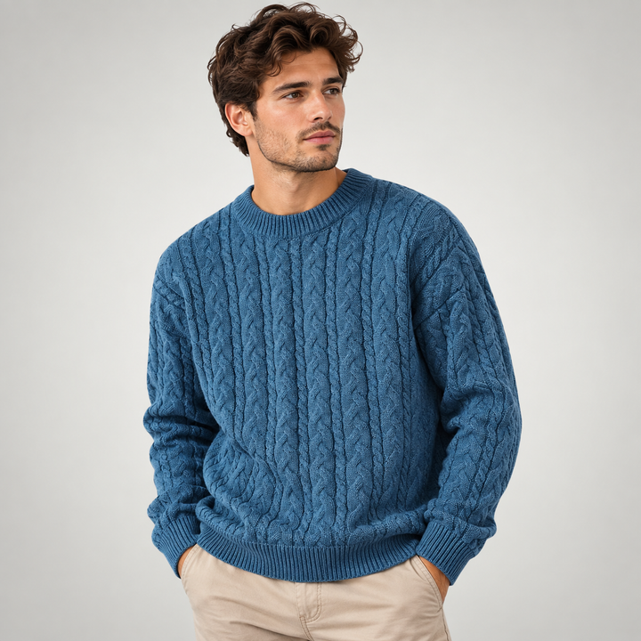 Chunky Cable Knit Crew Neck Sweater Blue 1