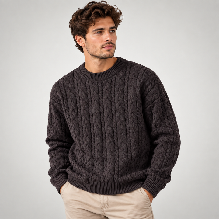 Chunky Cable Knit Crew Neck Sweater Brown 1