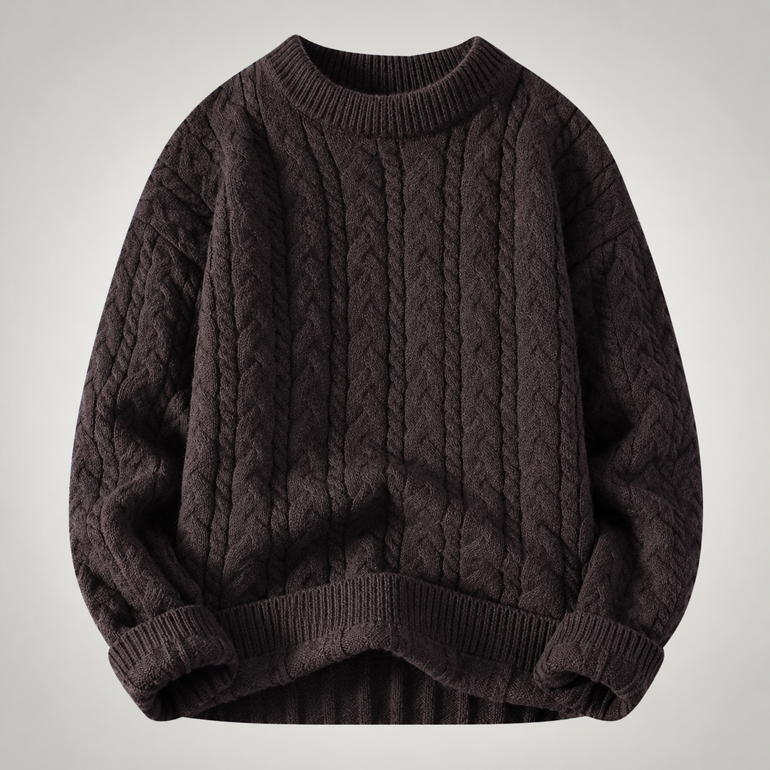 Chunky Cable Knit Crew Neck Sweater Brown 2