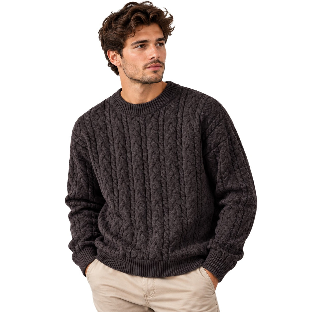 Chunky Cable Knit Crew Neck Sweater on white
