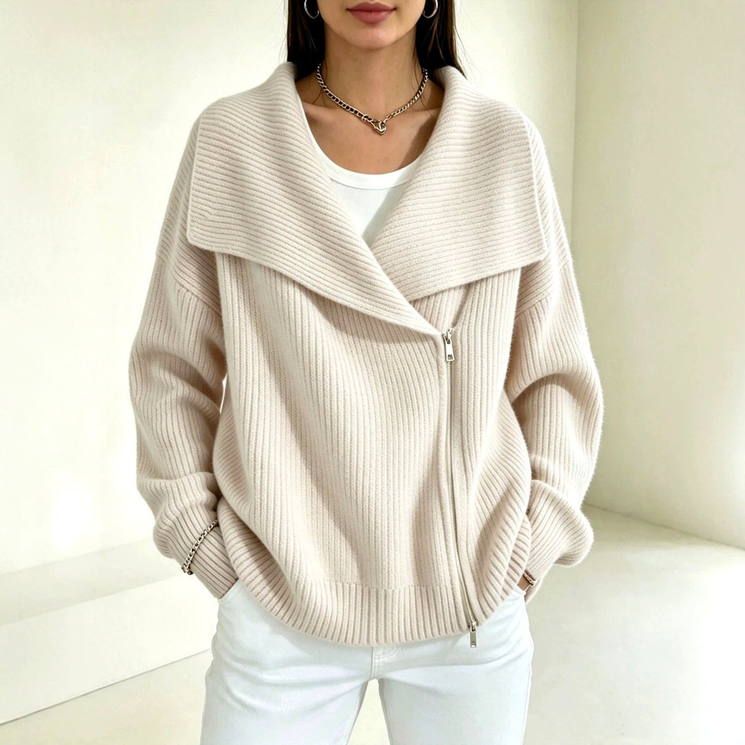 Chunky Ribbed Asymmetric Zip Cardigan Wide Collar Beige 1