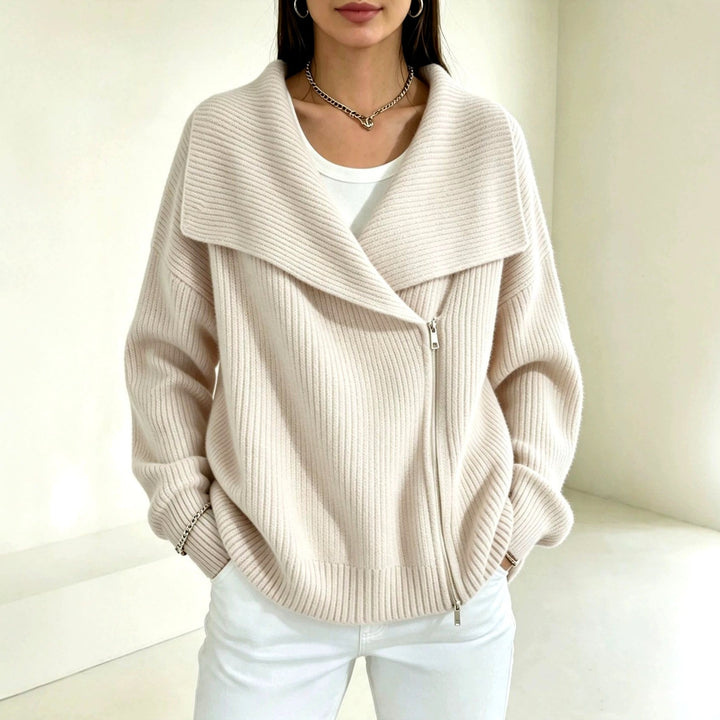 Chunky Ribbed Asymmetric Zip Cardigan Wide Collar Beige 1