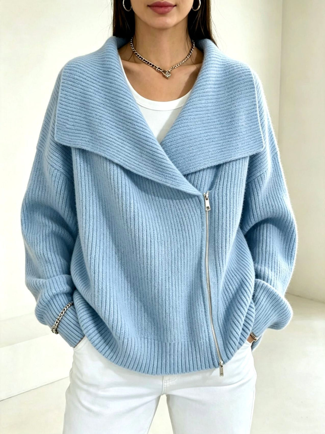 Chunky Ribbed Asymmetric Zip Cardigan Wide Collar Blue 1