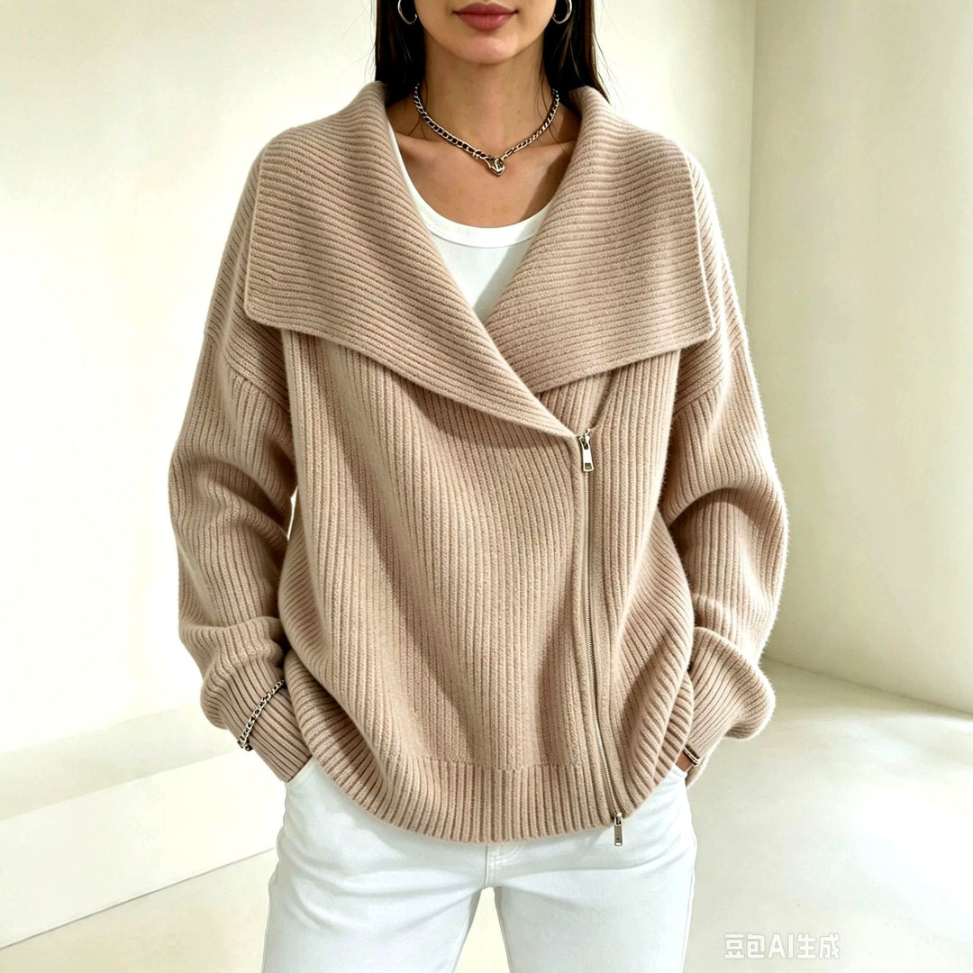 Chunky Ribbed Asymmetric Zip Cardigan Wide Collar Khaki 1