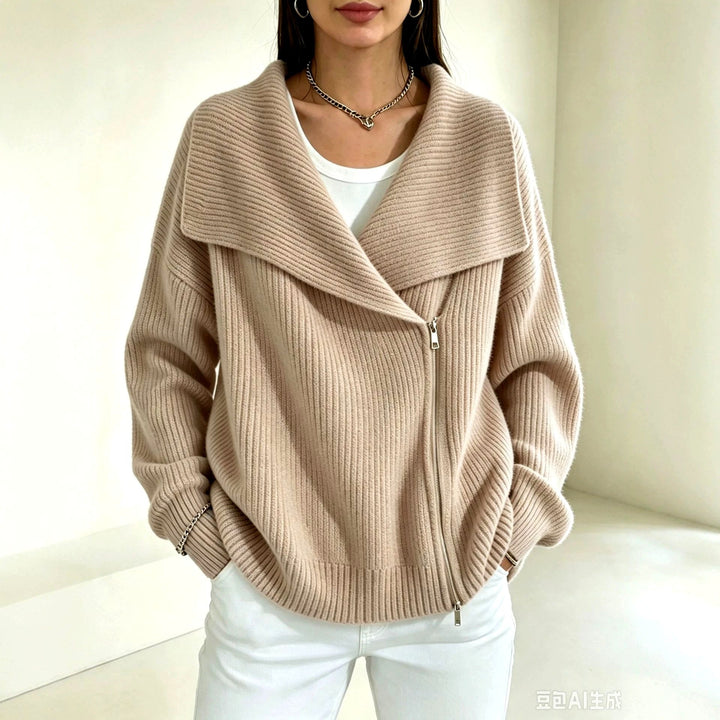 Chunky Ribbed Asymmetric Zip Cardigan Wide Collar Khaki 1