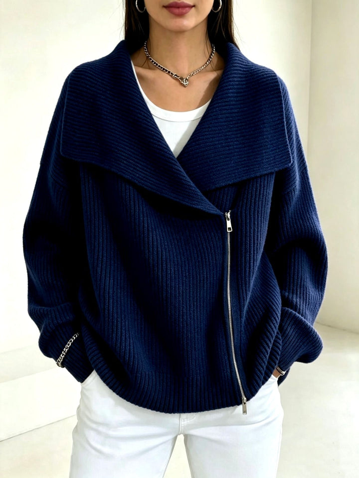 Chunky Ribbed Asymmetric Zip Cardigan Wide Collar Navy Blue 1