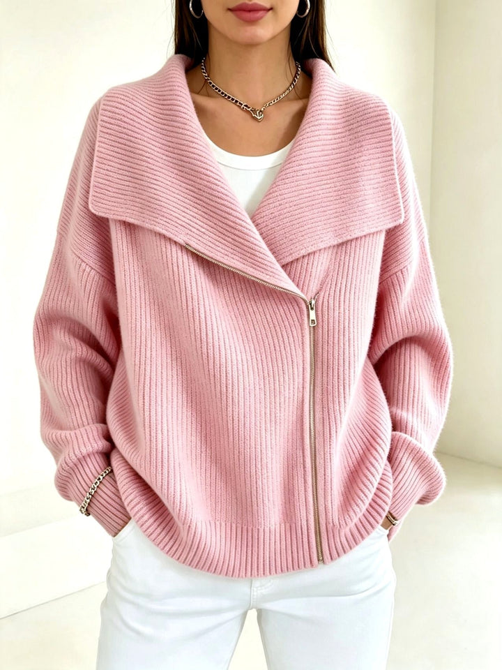 Chunky Ribbed Asymmetric Zip Cardigan Wide Collar Pink 1