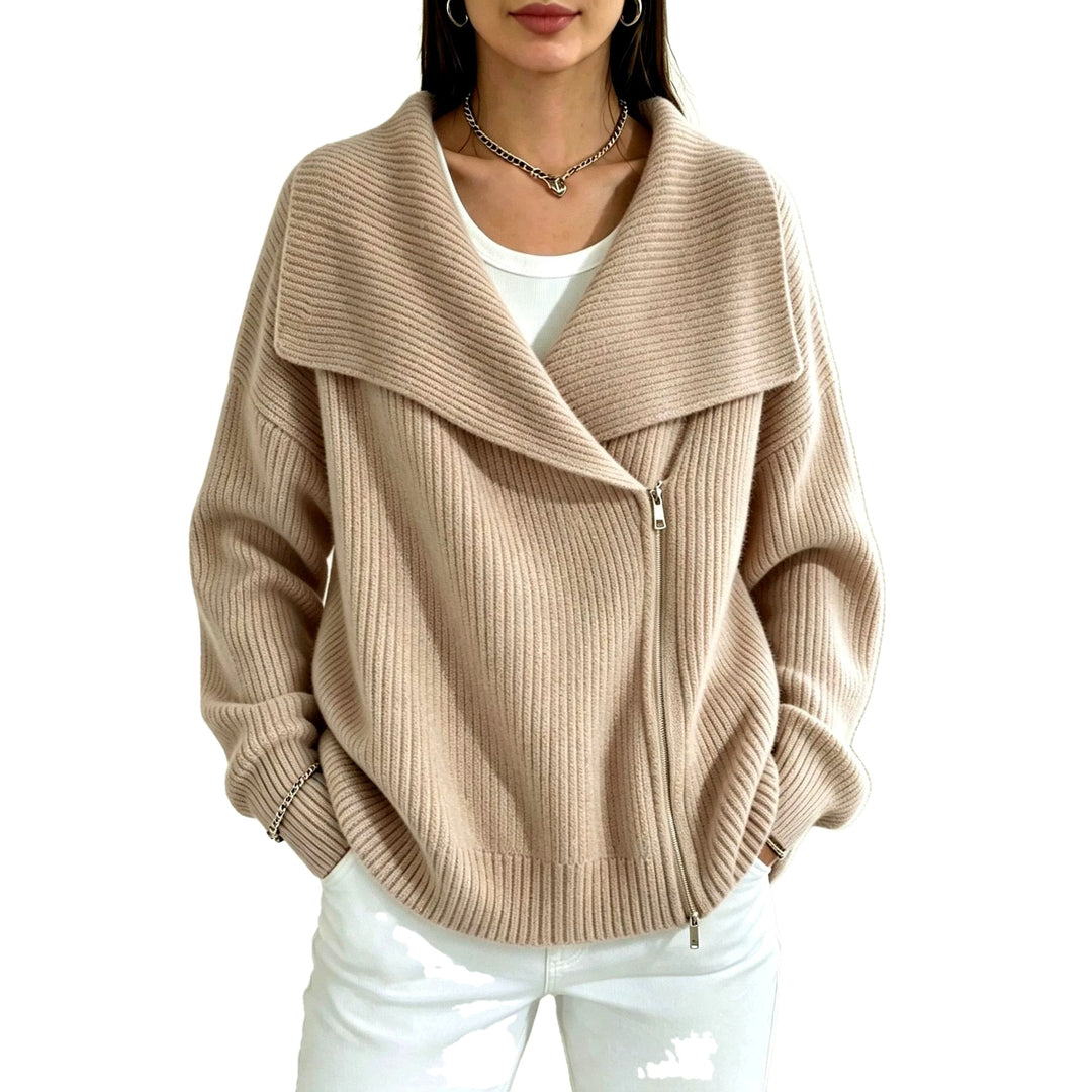 Chunky Ribbed Asymmetric Zip Cardigan Wide Collar on white