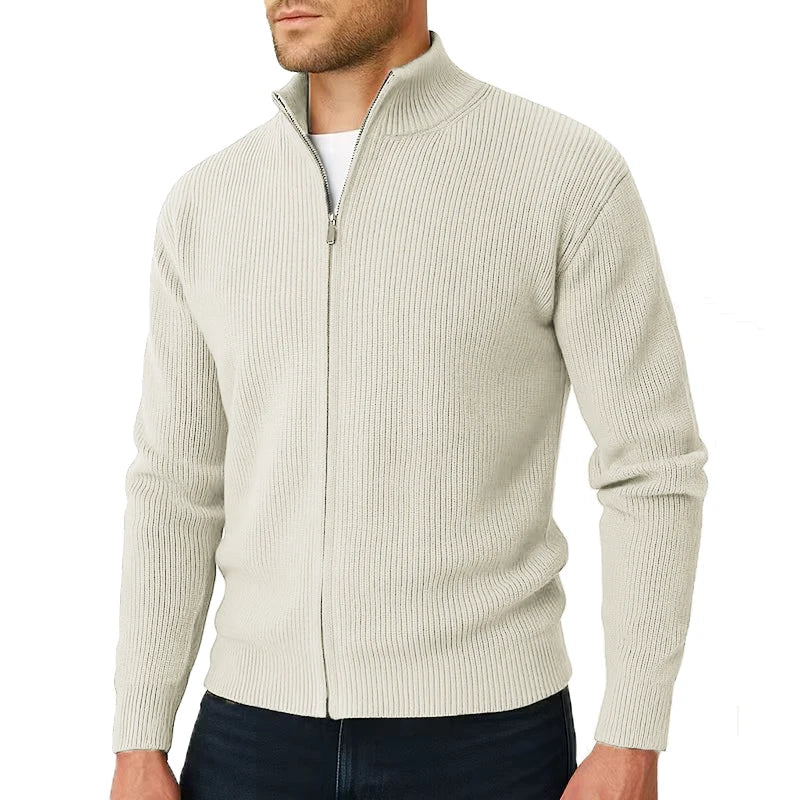 Classic Knit Full Zip Cardigan Stand Collar Set of 3 Beige 1