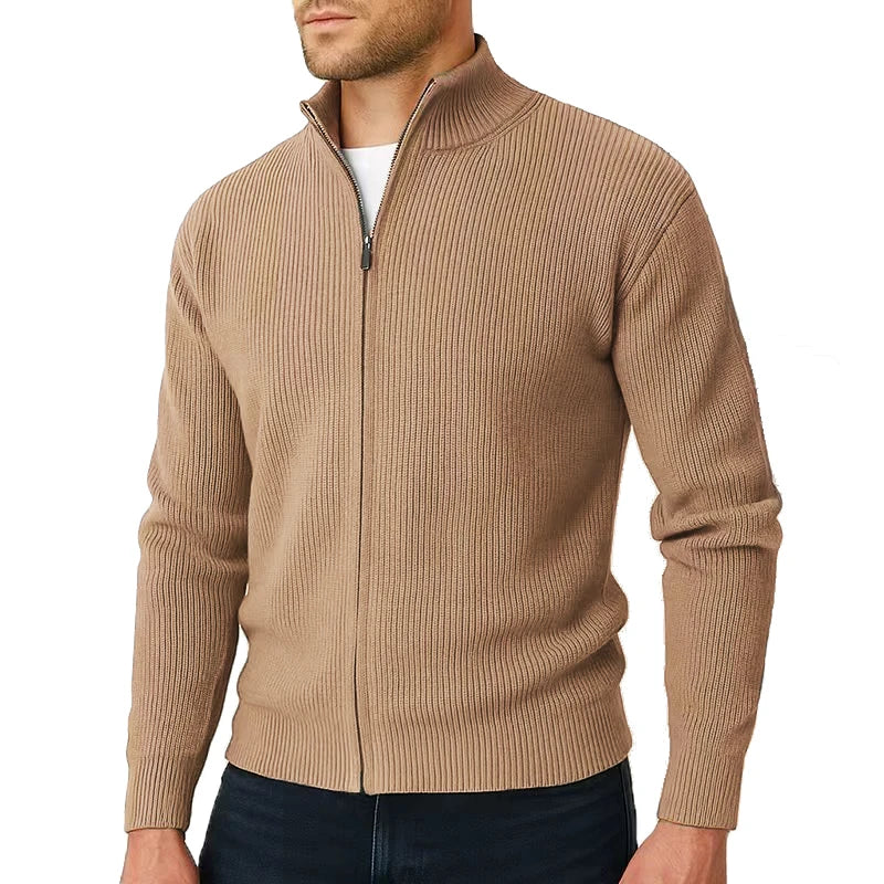 Classic Knit Full Zip Cardigan Stand Collar Set of 3 Khaki 1