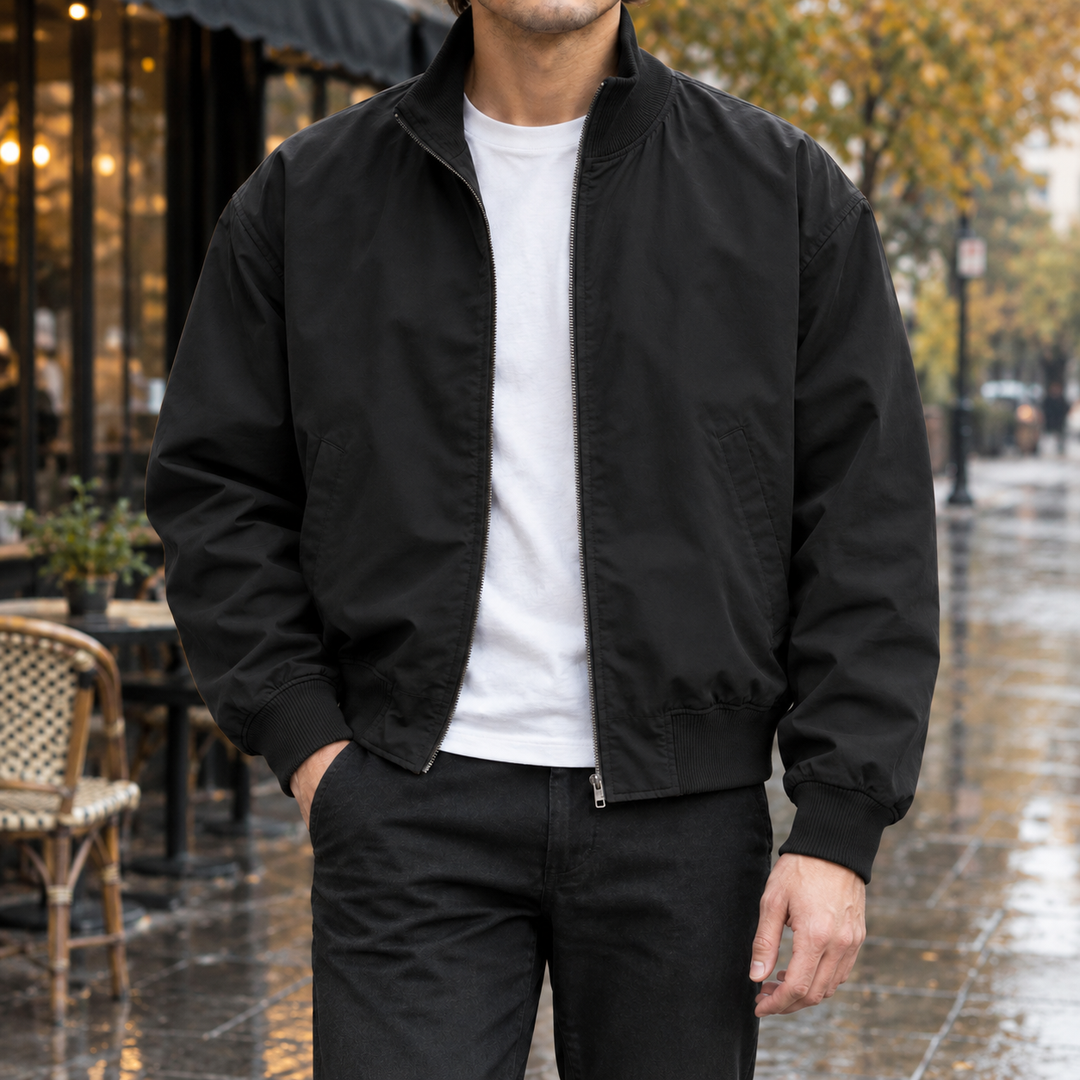 Classic Woven Bomber Jacket Ribbed Collar Black 1