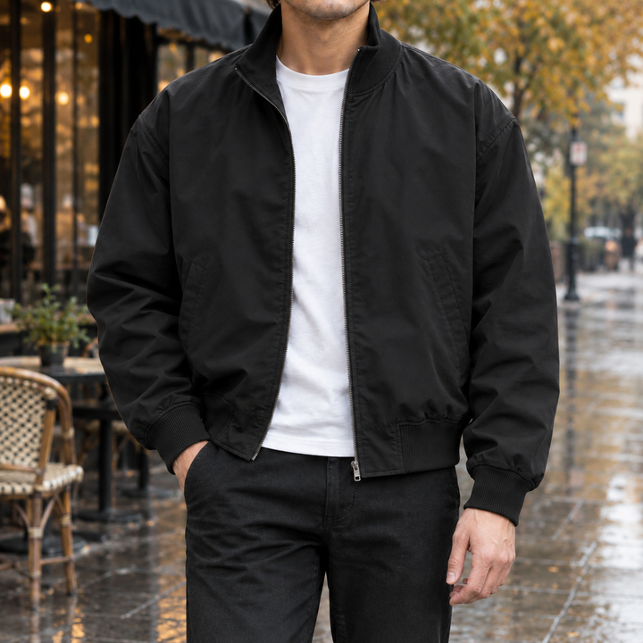 Classic Woven Bomber Jacket Ribbed Collar Black 1