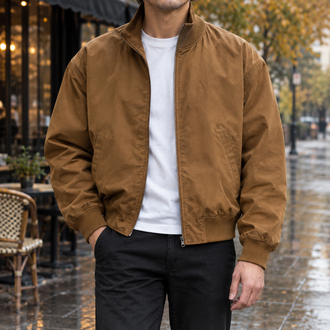 Classic Woven Bomber Jacket Ribbed Collar Brown 1