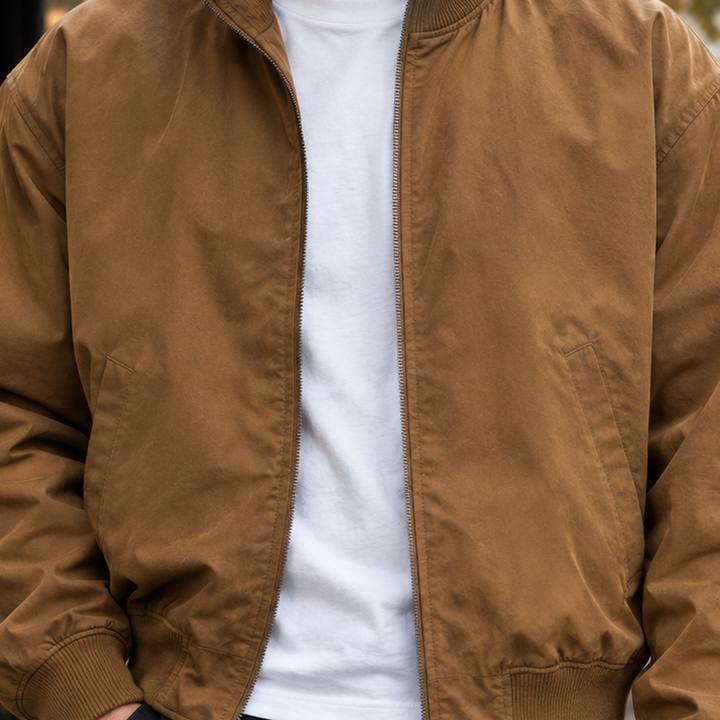 Classic Woven Bomber Jacket Ribbed Collar Brown 2