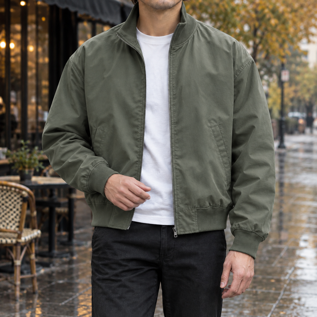 Classic Woven Bomber Jacket Ribbed Collar Military Green 1