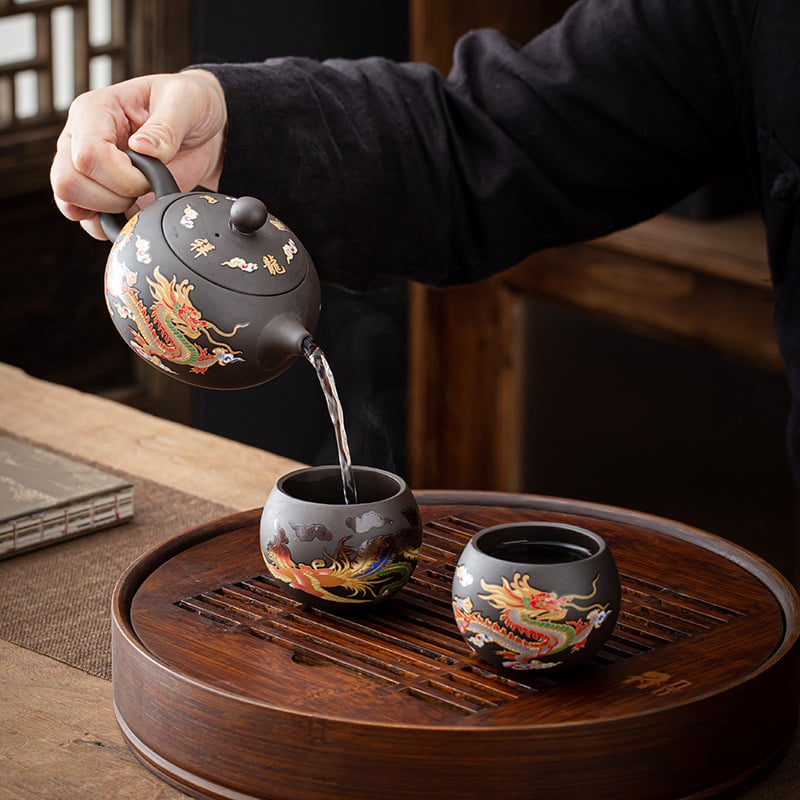 Clay Teapot with Dragon and Phoenix Cups 225 ml 5