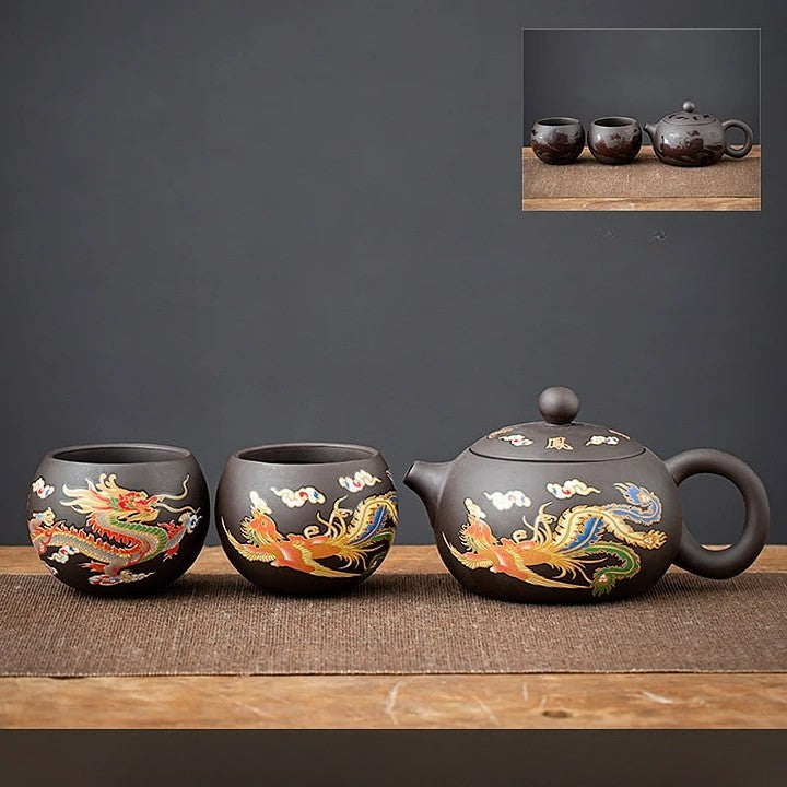 Clay Teapot with Dragon and Phoenix Cups 225 ml Teapot and 2 Dragon Cups 1
