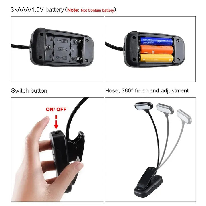 Clip On LED Book Light Flexible Neck AAA Battery Set of 3 4