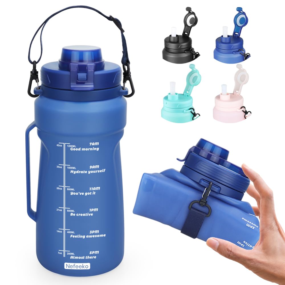 Collapsible Silicone Water Bottle 2000 ml with Strap Set of 3 Blue 1
