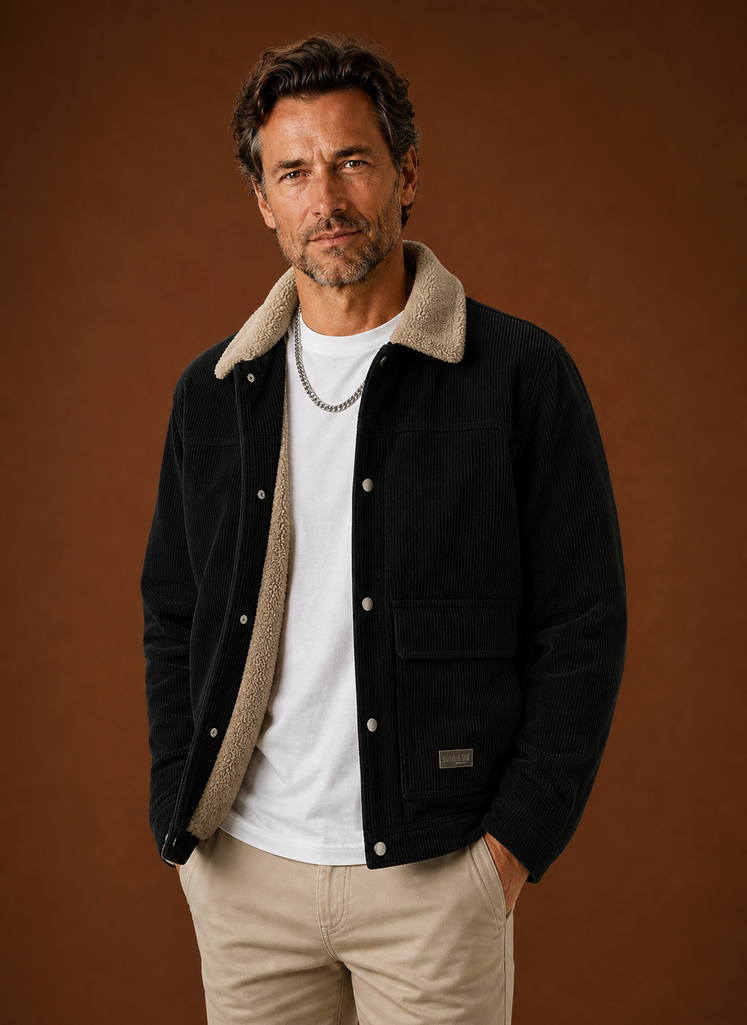 Corduroy Button Front Jacket with Sherpa Lining Black 1