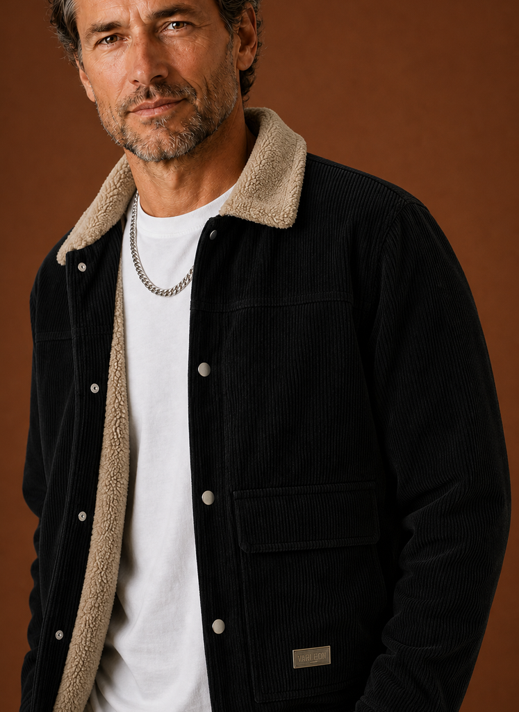 Corduroy Button Front Jacket with Sherpa Lining Black 2