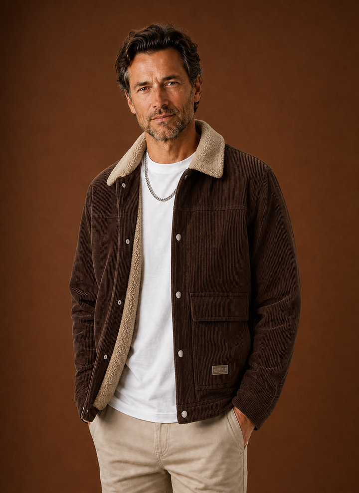 Corduroy Button Front Jacket with Sherpa Lining Brown 1
