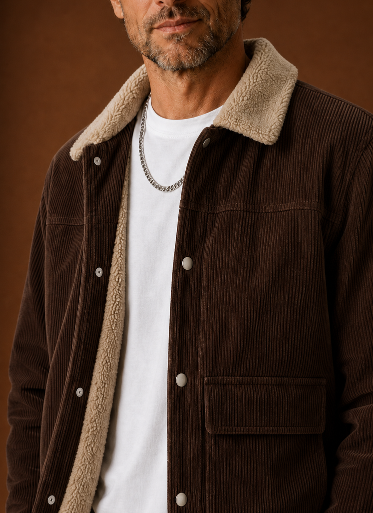Corduroy Button Front Jacket with Sherpa Lining Brown 2