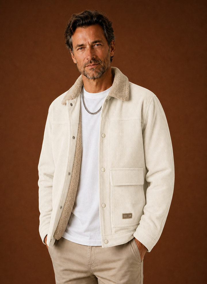 Corduroy Button Front Jacket with Sherpa Lining Off White 1
