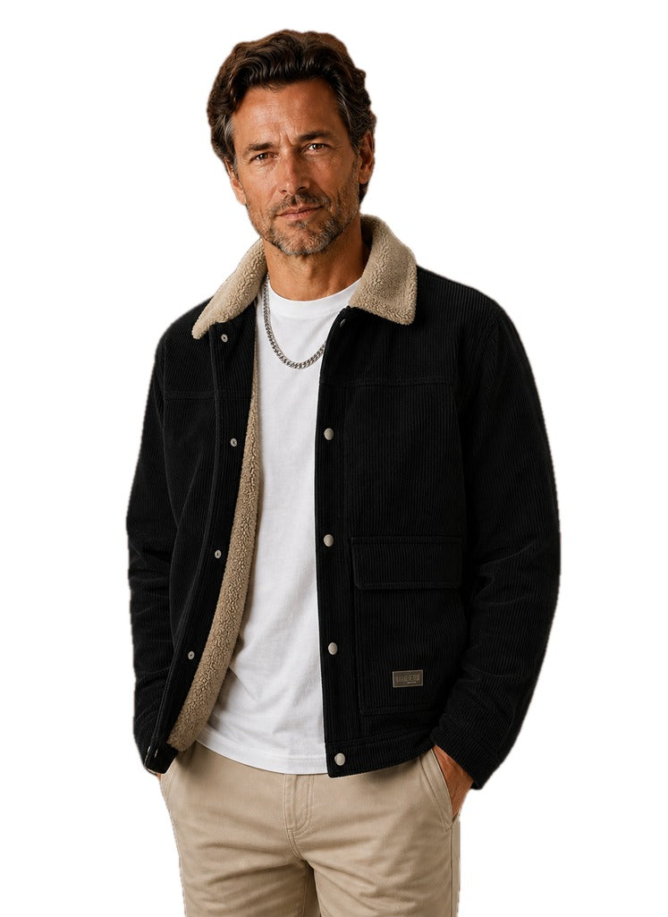 Corduroy Button Front Jacket with Sherpa Lining on white