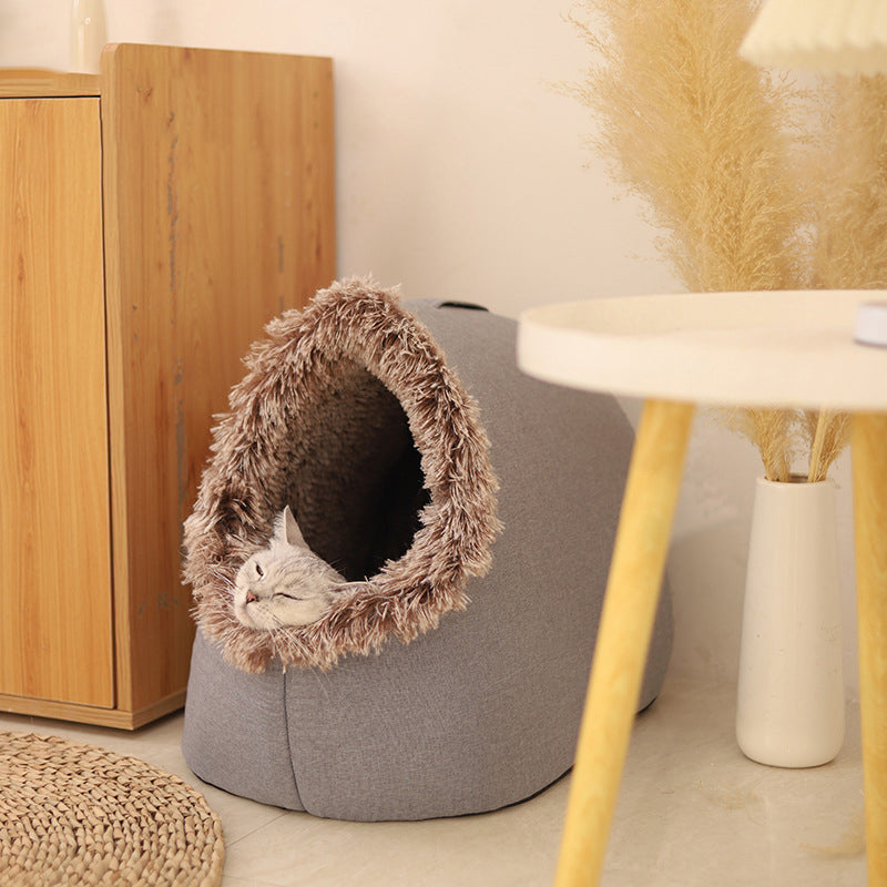 Covered Cave Pet Bed with Faux Fur Trim Set of 3 1